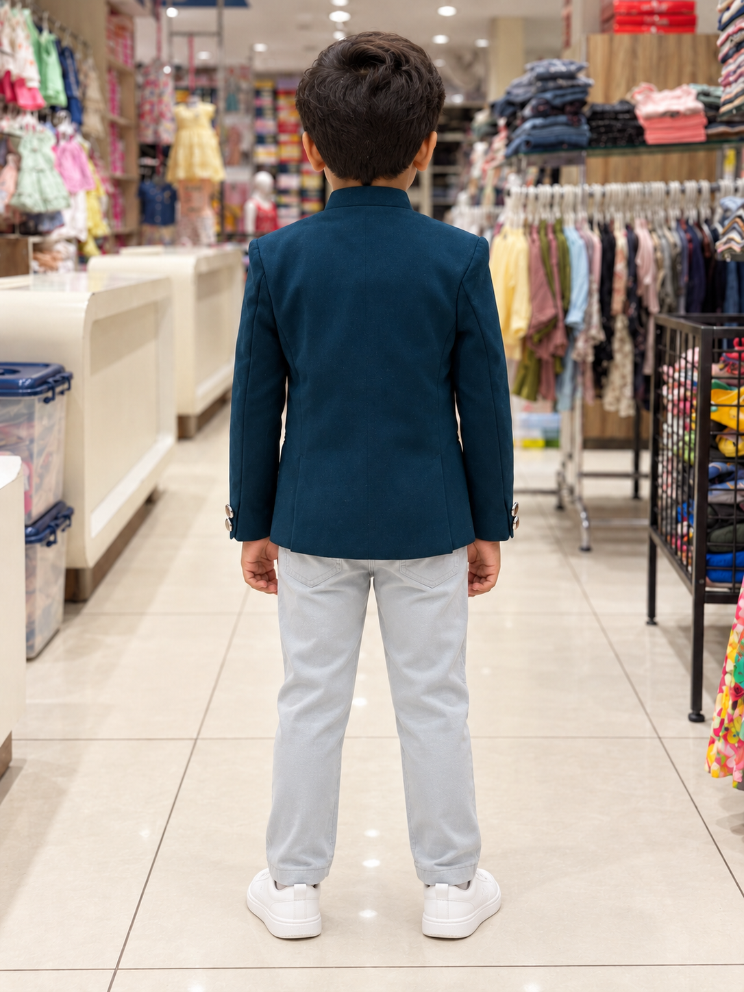 Ticklish style 2271 teal blue boys jacket, sleeveless T-shirt and pant set — back view
