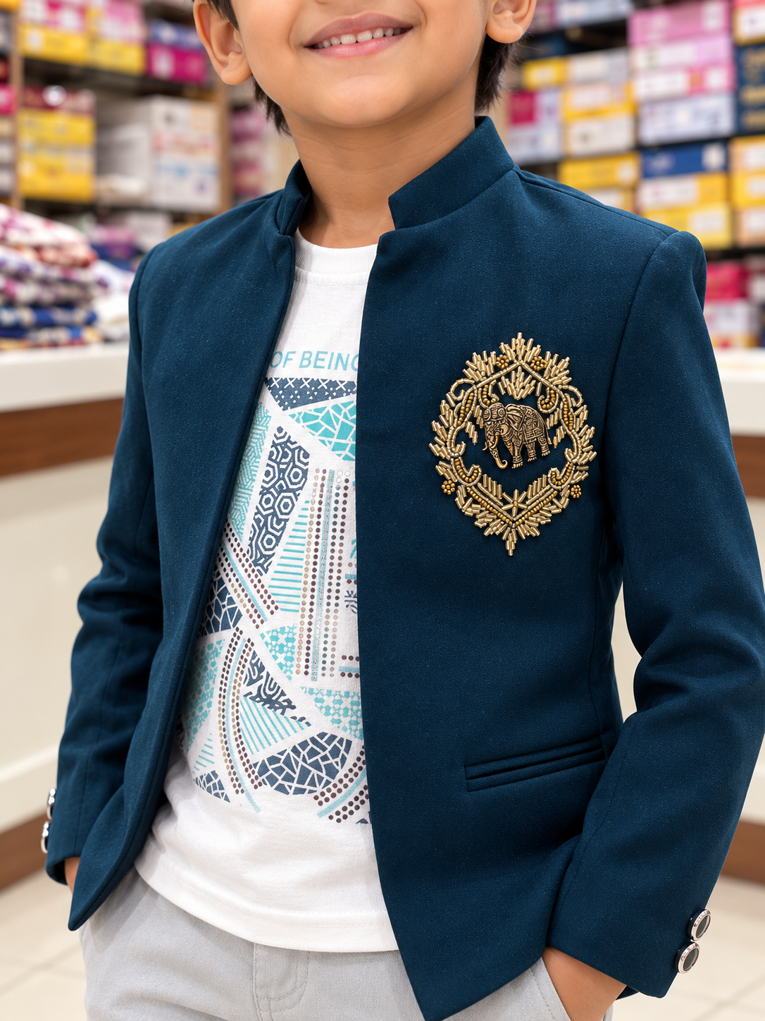 Ticklish style 2271 teal blue boys jacket, sleeveless T-shirt and pant set — detail closeup