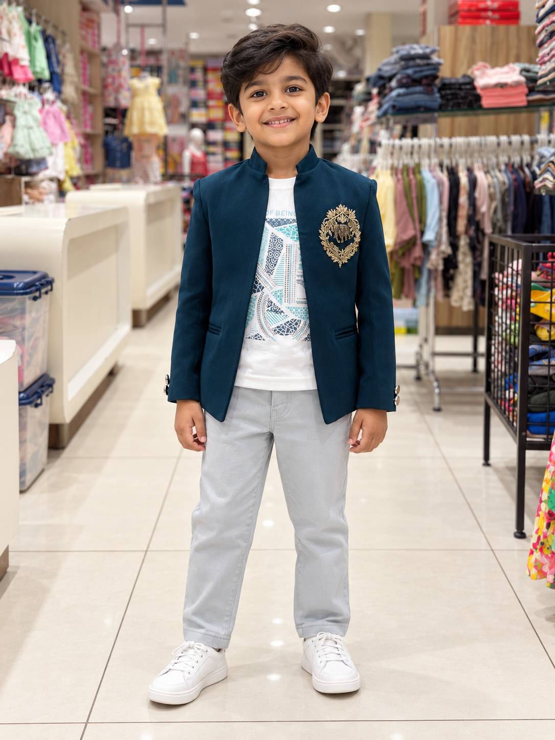 Ticklish style 2271 teal blue boys jacket, sleeveless T-shirt and pant set — front view