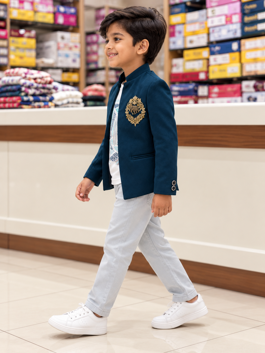 Ticklish style 2271 teal blue boys three-piece outfit — side view