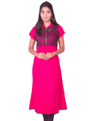 Rani Pink with Black Net Zip Open Rayon Anarkali Kurti from Joshuahs