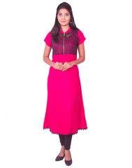 Rani Pink with Black Net Zip Open Rayon Anarkali Kurti from Joshuahs