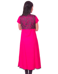 Rani Pink with Black Net Zip Open Rayon Anarkali Kurti from Joshuahs