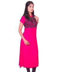 Rani Pink with Black Net Zip Open Rayon Anarkali Kurti from Joshuahs