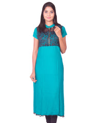 Jade Green with Black Net Zip Open Rayon Anarkali Kurti from Joshuahs