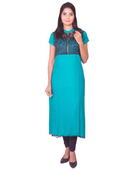 Jade Green with Black Net Zip Open Rayon Anarkali Kurti from Joshuahs