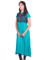 Jade Green with Black Net Zip Open Rayon Anarkali Kurti from Joshuahs