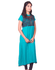 Jade Green with Black Net Zip Open Rayon Anarkali Kurti from Joshuahs