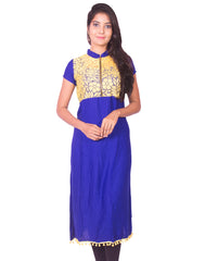 Ink Blue with Yellow Net Zip Open Rayon Anarkali Kurti from Joshuahs