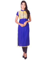 Ink Blue with Yellow Net Zip Open Rayon Anarkali Kurti from Joshuahs