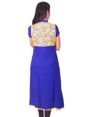 Ink Blue with Yellow Net Zip Open Rayon Anarkali Kurti from Joshuahs