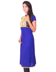 Ink Blue with Yellow Net Zip Open Rayon Anarkali Kurti from Joshuahs