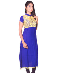 Ink Blue with Yellow Net Zip Open Rayon Anarkali Kurti from Joshuahs