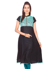 Black with Green  Net Zip Open Rayon Anarkali Kurti from Joshuahs