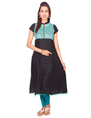 Black with Green  Net Zip Open Rayon Anarkali Kurti from Joshuahs