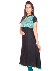 Black with Green  Net Zip Open Rayon Anarkali Kurti from Joshuahs