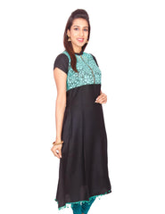 Black with Green  Net Zip Open Rayon Anarkali Kurti from Joshuahs