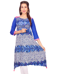 Royal Blue Flower Print Rayon Casual Anarkali Kurti From Joshuahs