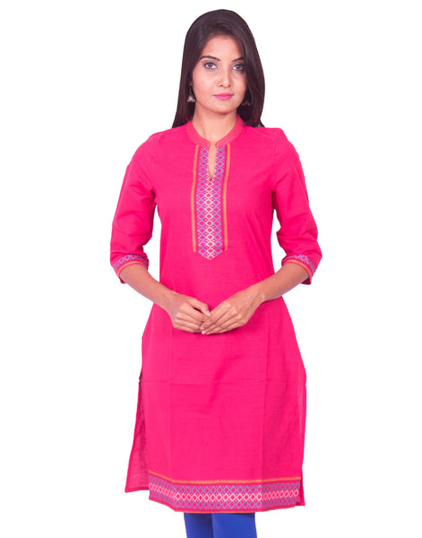 Peony Pink South Cotton Dobby Straight Cut Long Sleeve Kurti from Joshuahs