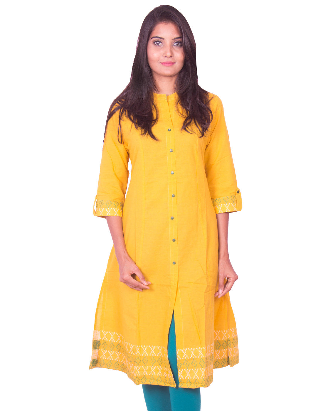 Yellow South Cotton Dobby Long Sleeve Princess Cut Kurti from Joshuahs