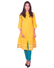 Yellow South Cotton Dobby Long Sleeve Princess Cut Kurti from Joshuahs