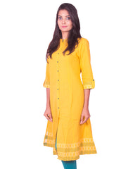 Yellow South Cotton Dobby Long Sleeve Princess Cut Kurti from Joshuahs