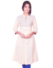 Off White Cotton Dobby Long Sleeve Princess Cut Kurti from Joshuahs