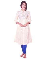 Off White Cotton Dobby Long Sleeve Princess Cut Kurti from Joshuahs