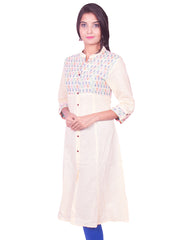 Off White Cotton Dobby Long Sleeve Princess Cut Kurti from Joshuahs