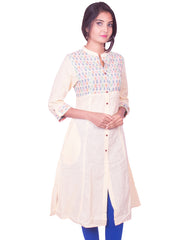 Off White Cotton Dobby Long Sleeve Princess Cut Kurti from Joshuahs