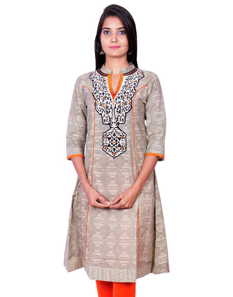 Printed Chiku With Orange Embroidery Anarkali Kurti from Joshuahs