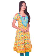 Yellow Printed with  Embroidery Work Anarkali Kurti from Joshuahs