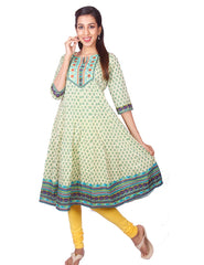 Casual Green Printed Long Sleeve Wide Flared Kurti from Joshuahs