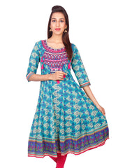 Casual Turquoise Printed Long Sleeve Wide Flared Kurti from Joshuahs