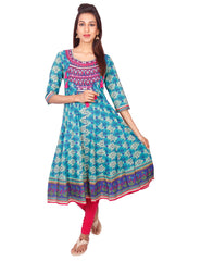 Casual Turquoise Printed Long Sleeve Wide Flared Kurti from Joshuahs