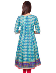 Casual Turquoise Printed Long Sleeve Wide Flared Kurti from Joshuahs