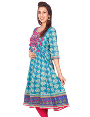 Casual Turquoise Printed Long Sleeve Wide Flared Kurti from Joshuahs