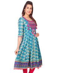 Casual Turquoise Printed Long Sleeve Wide Flared Kurti from Joshuahs