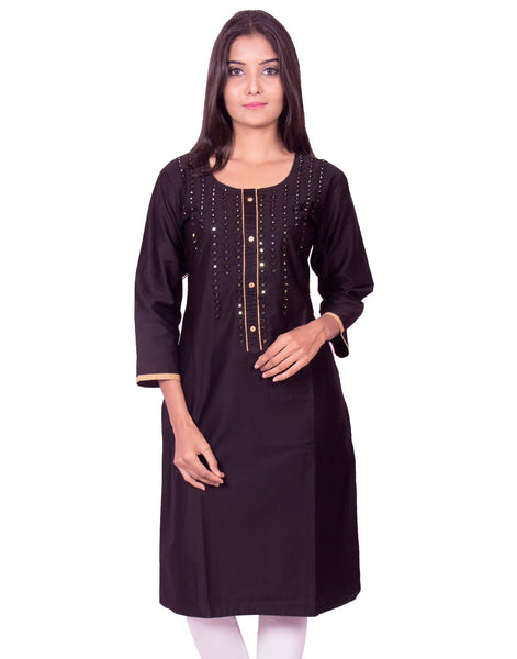 Jet black with mirror work cotton satin straight-cut kurti from joshuahs