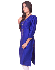 Ink blue with mirror work cotton satin straight-cut kurti from joshuahs