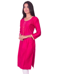 Rani pink with mirror work cotton satin straight-cut kurti from joshuahs