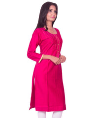 Rani pink with mirror work cotton satin straight-cut kurti from joshuahs