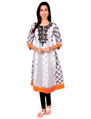 White with Black Printed with Embroidery Work Anarkali Kurti From Joshuahs