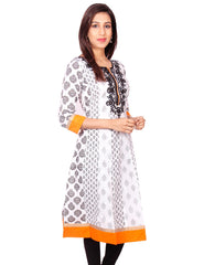 White with Black Printed with Embroidery Work Anarkali Kurti From Joshuahs