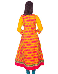 Golden Yellow Front and Back Printed Cotton Flared Kurti from Joshuahs