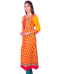 Golden Yellow Front and Back Printed Cotton Flared Kurti from Joshuahs