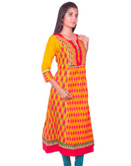 Golden Yellow Front and Back Printed Cotton Flared Kurti from Joshuahs