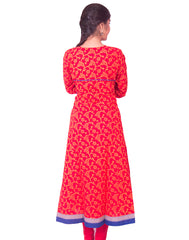 Red and Yellow Printed Cotton Wide Flared Long Sleeve Kurti from Joshuahs