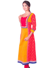 Red and Yellow Printed Cotton Wide Flared Long Sleeve Kurti from Joshuahs