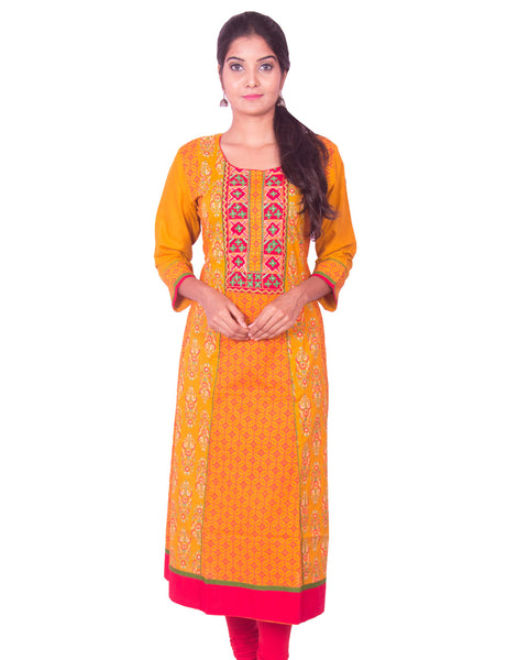 Turmeric Yellow Printed Cotton Wide Flared Long Sleeve Kurti from Joshuahs